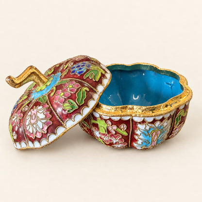 Vintage Floral Cloisonné Pumpkin Trinket Dresser Box