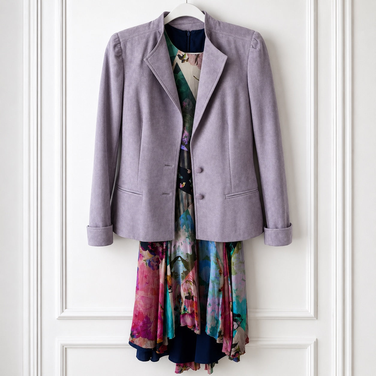 A lavender-purple suede-textured blazer jacket styled over a colorful floral print dress, hanging on a white wooden paneled door.