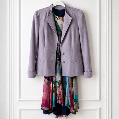 A lavender-purple suede-textured blazer jacket styled over a colorful floral print dress, hanging on a white wooden paneled door.