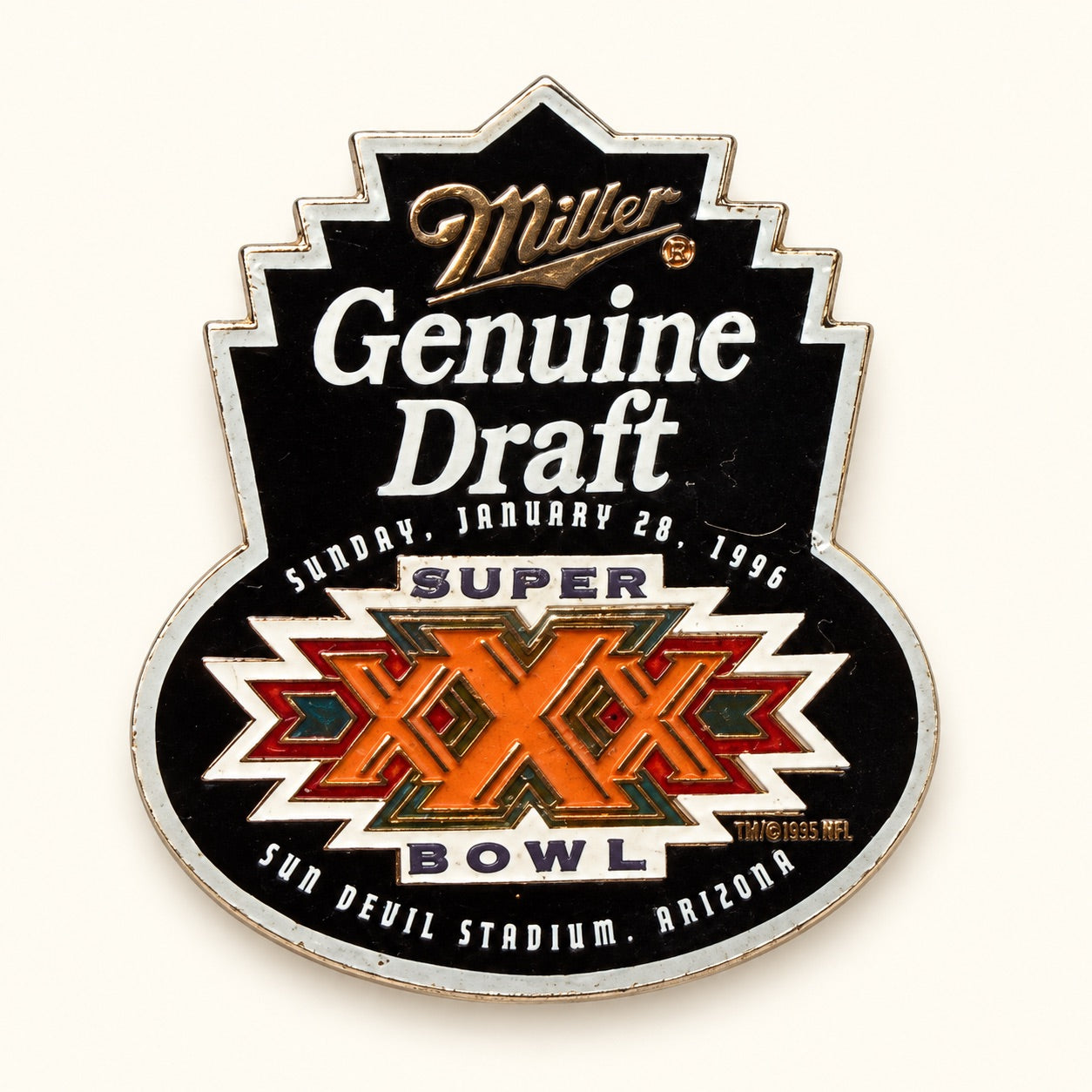A vintage Miller Genuine Draft Super Bowl XXX bowl pin from Sunday, January 28, 1996, displayed on a clean off-white background.