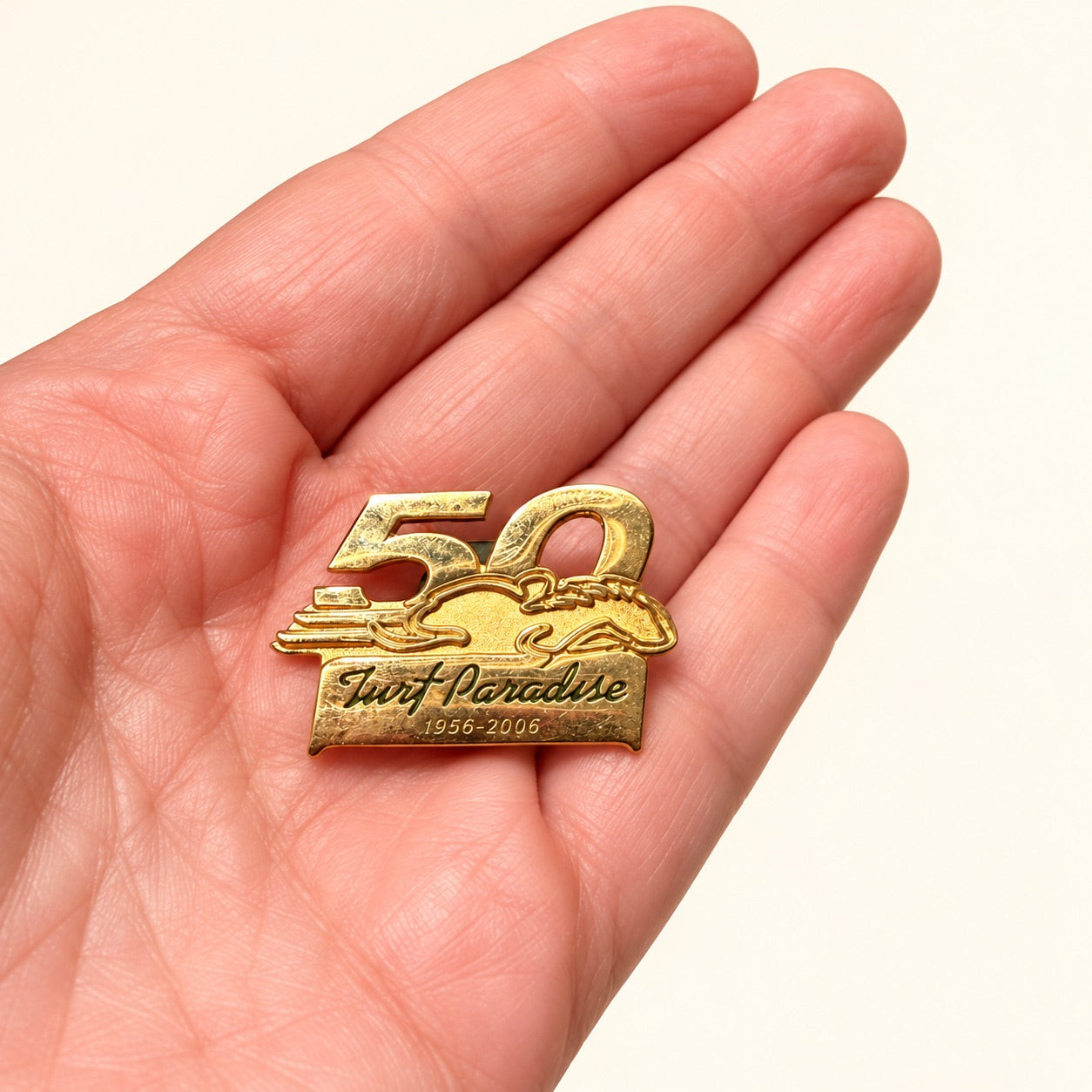 A gold-colored 50th anniversary lapel pin featuring a surfer riding a wave and the text 'Surf Paradise 1956-2006', held in a person's hand against a plain off-white background.