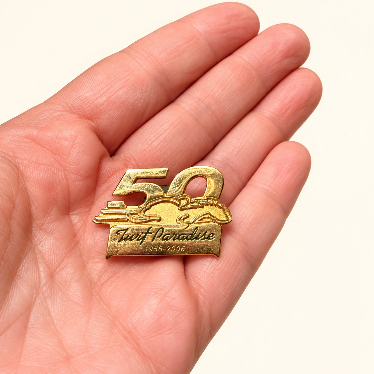 A gold-colored 50th anniversary lapel pin featuring a surfer riding a wave and the text 'Surf Paradise 1956-2006', held in a person's hand against a plain off-white background.