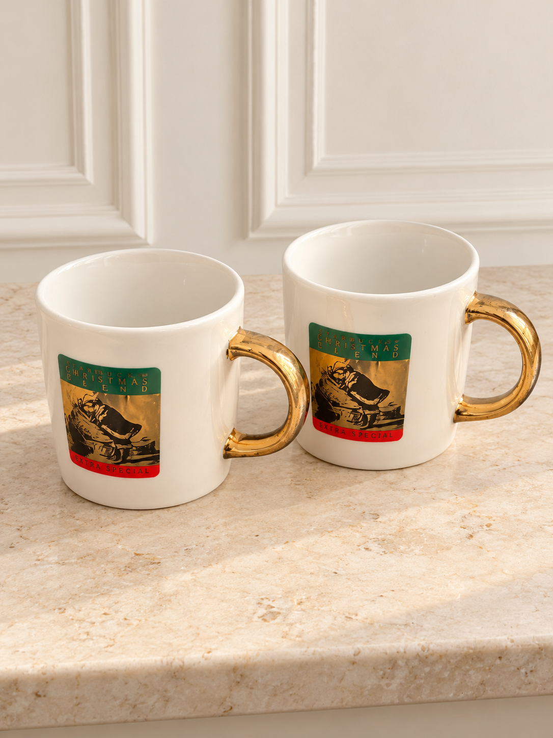 Vintage Starbucks Christmas Blend Gold-Handle Mugs – Set of 2