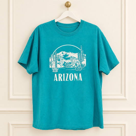 A teal short-sleeve t-shirt hanging on a white hanger against a cream paneled wall. The shirt features a light blue graphic of a desert landscape with saguaro cacti and mountains, with the word 'ARIZONA' printed below in a bold sans-serif font.