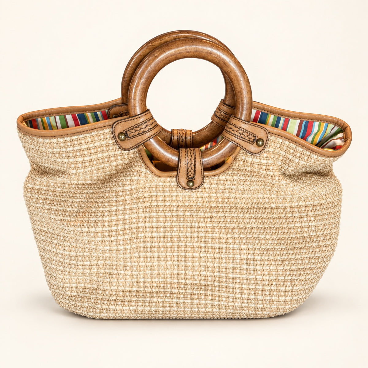 Vintage Y2K Fossil Madera Woven Straw Tote with Wooden Hoop Handles