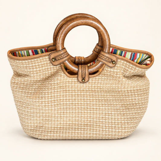 Vintage Y2K Fossil Madera Woven Straw Tote with Wooden Hoop Handles