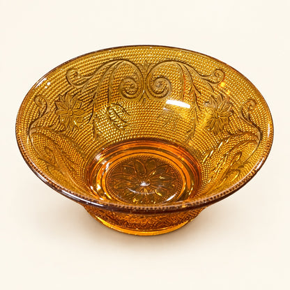 Vintage Amber Pressed Glass Floral Bowls | Set of 6