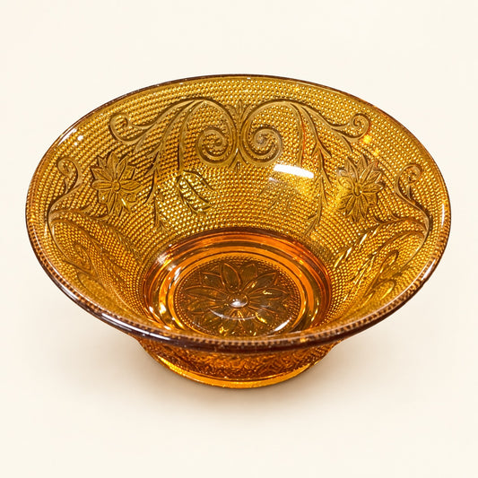 Vintage Amber Pressed Glass Floral Bowls | Set of 6