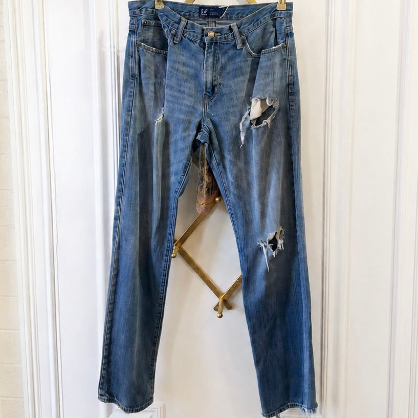 GAP Denim Straight-Leg Distressed Jeans Medium Wash 31x32