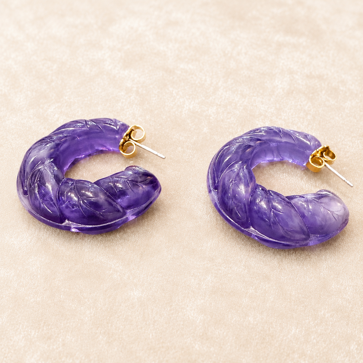 Translucent Purple Carved Hoop Earrings
