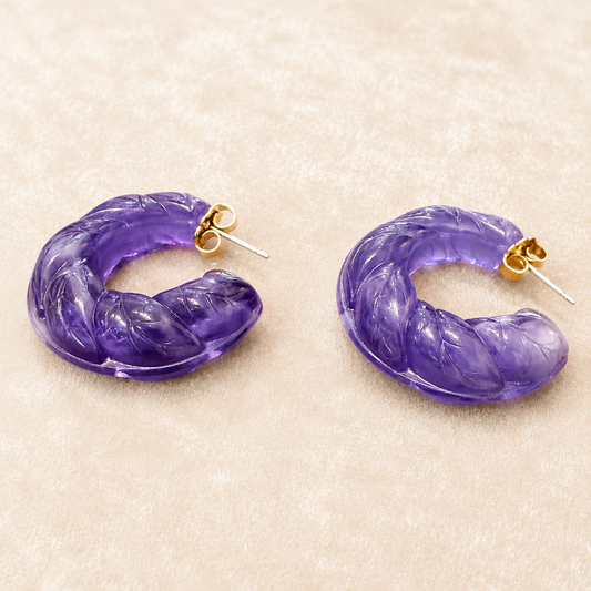 Translucent Purple Carved Hoop Earrings