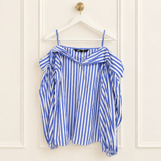 Zara Blue & White Striped Cold-Shoulder Blouse | Size Small
