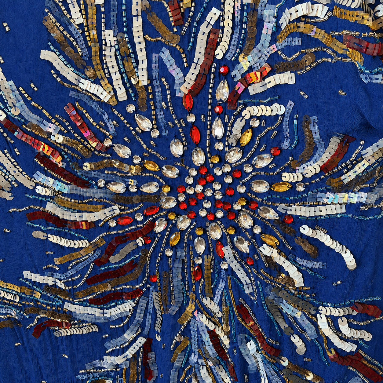 A close-up of a royal blue fabric featuring an intricate, radial embroidered and beaded pattern in metallic gold, silver, red, and brown tones.