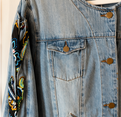 Easel LA Embellished Sleeve Denim Jacket | Size Large