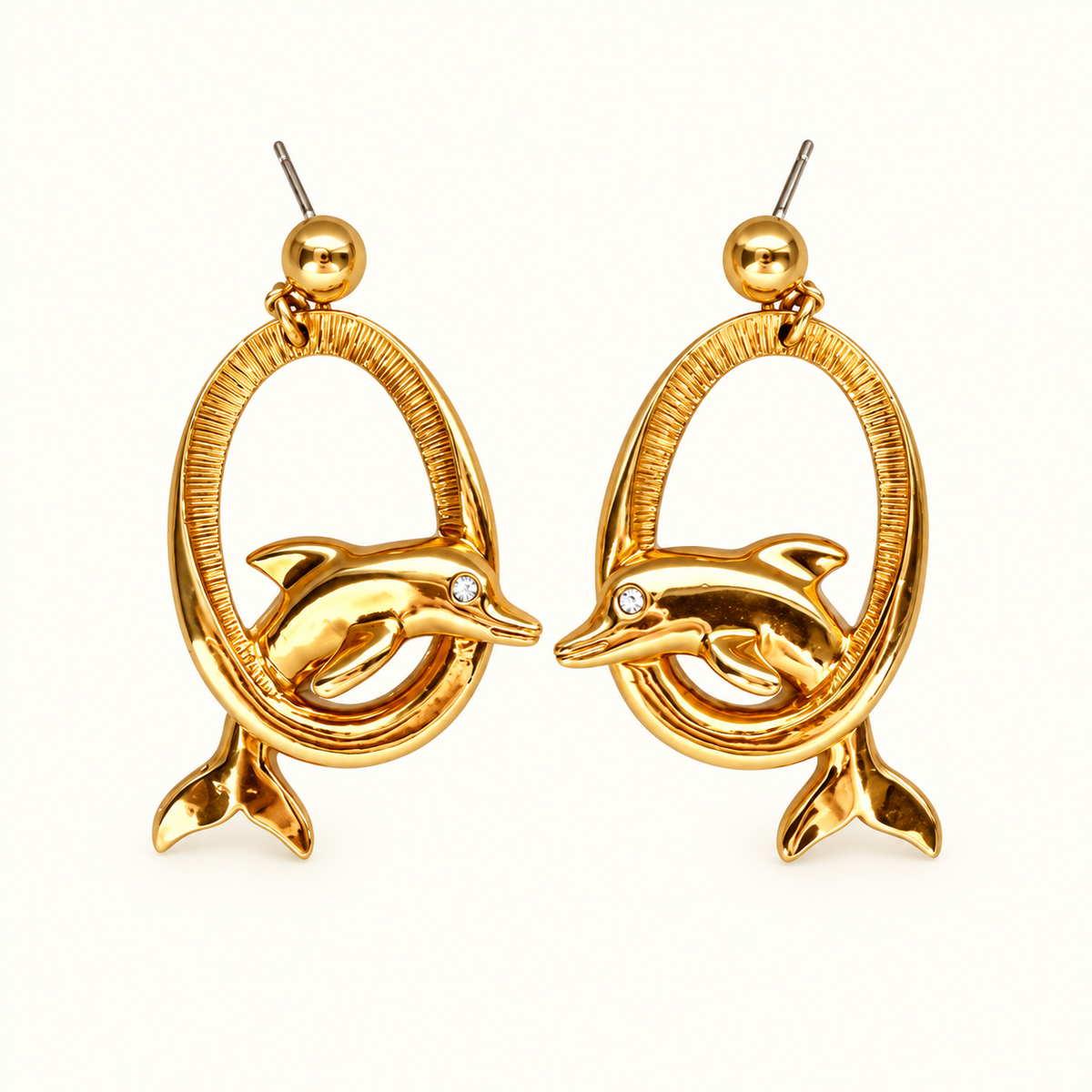 Vintage Gold Tone Dolphin Dangle Earrings with Rhinestone Accents