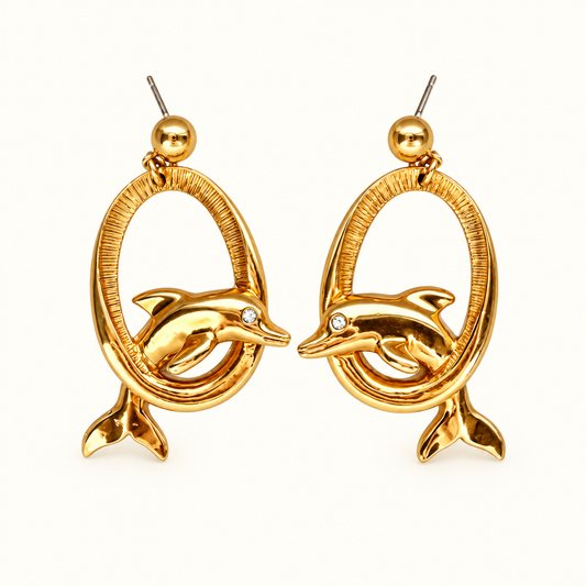 Vintage Gold Tone Dolphin Dangle Earrings with Rhinestone Accents