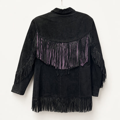 Pioneer Wear True Vintage 100% Genuine Split Leather Suede Black & Purple Fringe Western Concho Coat
