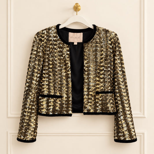 A cropped, long-sleeve sequined jacket in gold and black, hanging on a white hanger with a gold hook against a cream-colored paneled wall. The jacket features a black satin lining, black trim along the collar, pockets, and cuffs, and a visible 'marie h' brand label at the neckline.