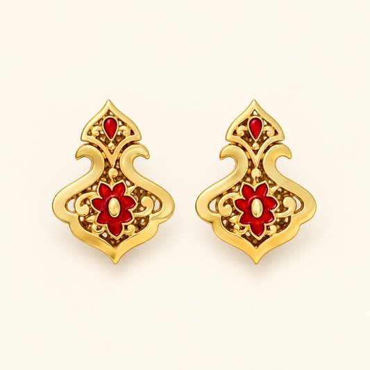 Vintage Gold Tone Red Enamel Filigree Statement Earrings