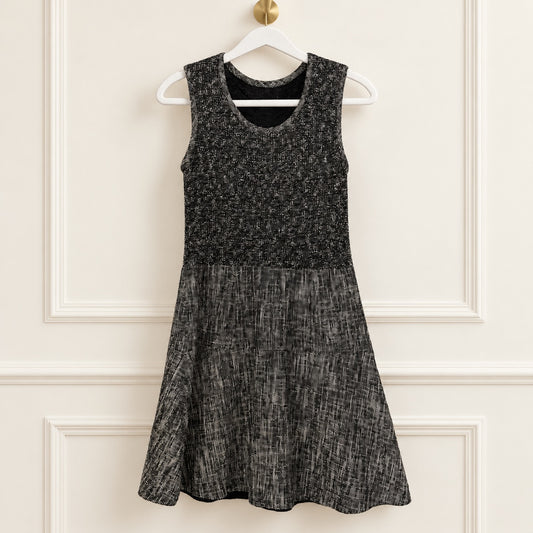 A sleeveless black and gray textured dress hanging on a white hanger against a cream-colored paneled wall.