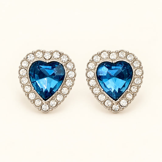 Vintage Blue Rhinestone Heart Avon Earrings