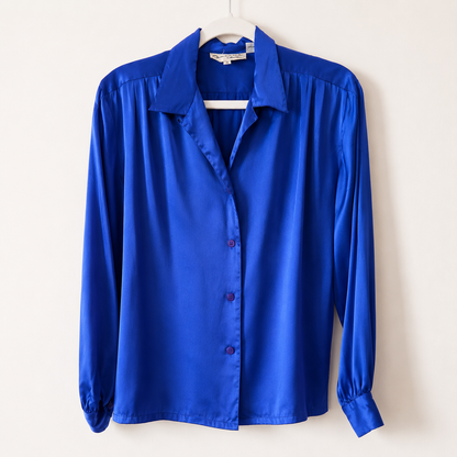 Vintage Oscar de la Renta Cobalt Satin Blouse | Size 10