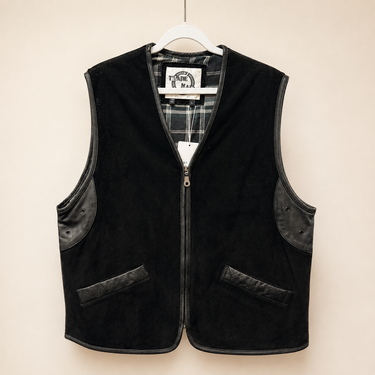 Vintage Trade Man Black Suede & Leather Fleece-Lined Vest | Size Large