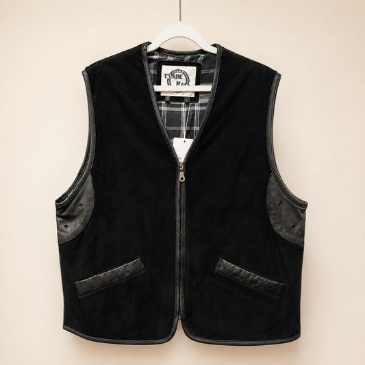 Vintage Trade Man Black Suede & Leather Fleece-Lined Vest | Size Large