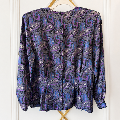 Vintage TESS Paris-Milano Purple Paisley Pleated Blouse | Size 8