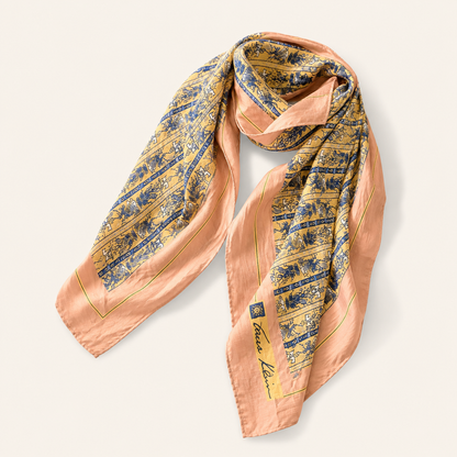 Vintage Anne Klein Pink, Gold & Blue Toile Print Square Scarf