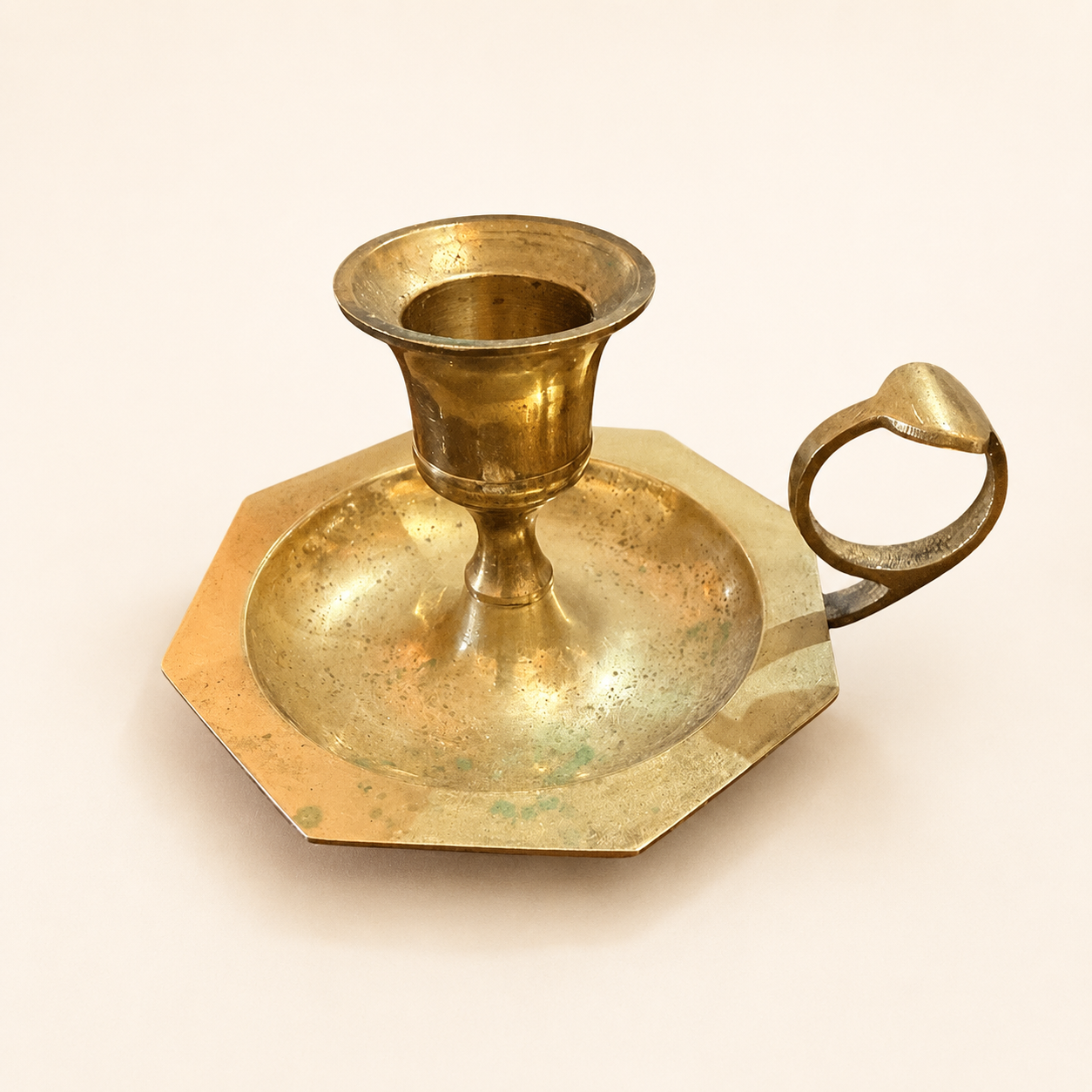 Vintage Brass Chamberstick Candle Holder | Octagonal Base & Finger Loop
