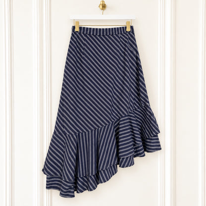Joie Size 0 Navy Pinstripe Asymmetrical Ruffle Midi Skirt