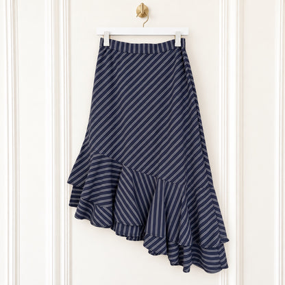 Joie Size 0 Navy Pinstripe Asymmetrical Ruffle Midi Skirt
