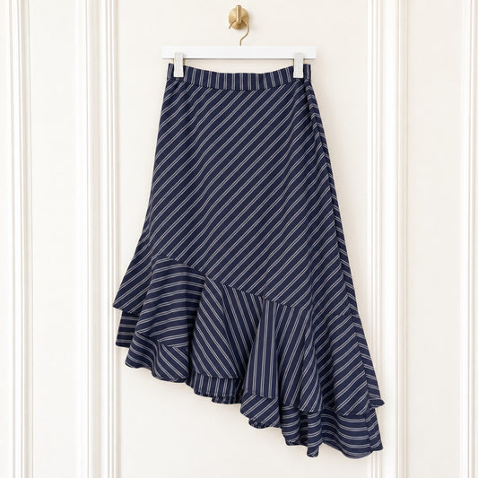 Joie Size 0 Navy Pinstripe Asymmetrical Ruffle Midi Skirt