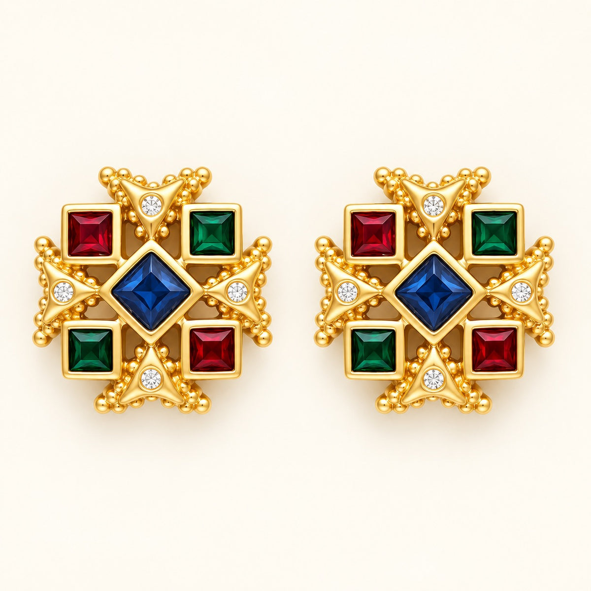 Green and Red Geometric Stone Earrings