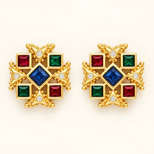 Green and Red Geometric Stone Earrings