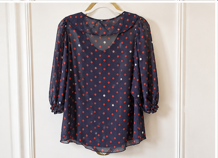 Navy Sheer Polka Dot Peter Pan Collar Blouse | Size Medium