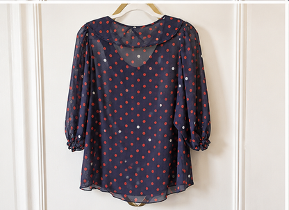Navy Sheer Polka Dot Peter Pan Collar Blouse | Size Medium