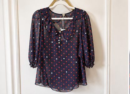 Navy Sheer Polka Dot Peter Pan Collar Blouse | Size Medium