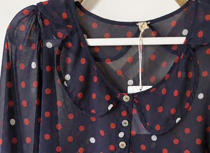 Navy Sheer Polka Dot Peter Pan Collar Blouse | Size Medium