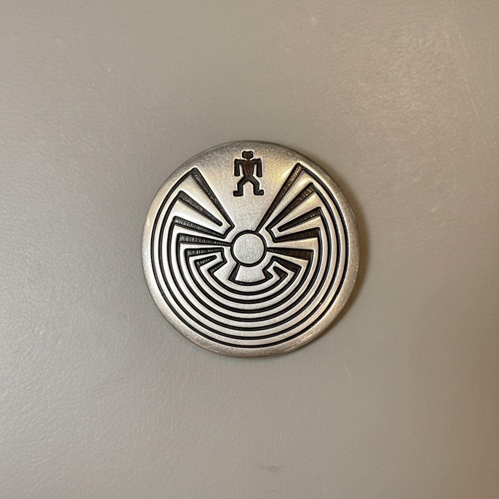 Metallic pin with a central design on a textured surface